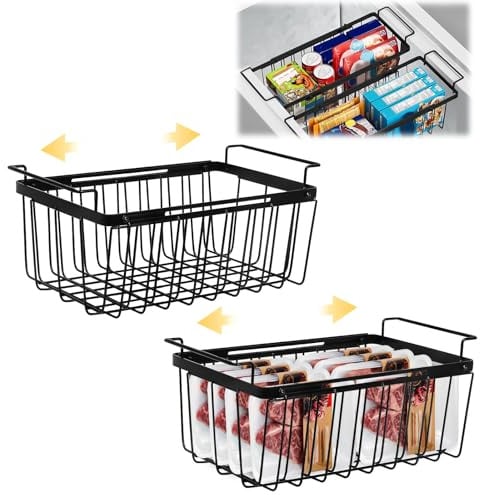 2 Stück Gefrierschrank Organizer Behälter,Erweiterbar Gefriertruhe Organizer mit Griffen,Stapelbare Gefriertruhen Korb,Gefrierkörbe Metallkorb Korb für Schrank,Küche,39-59.5*17.5*17CM (Schwarz)