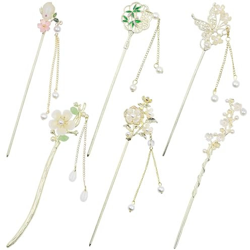 6 Pcs Metal Chinese Hair Sticks with Pendants for Women, Gold Chinese Hair Pin for Long Hair, Traditional Hanfu Hair Chopsticks for Flower Accessories (6Pcs)