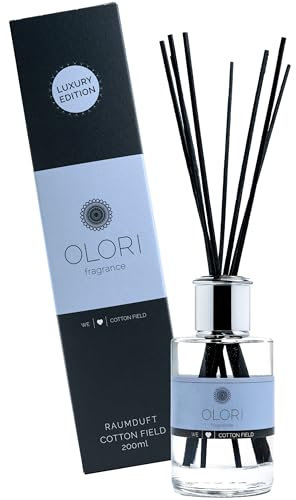Luxus Raumduft Cotton Field Diffuser mit Stäbchen mit ätherischen Ölen - Extra langanhaltende Formel - Luxury Lufterfrischer mit Duftstäbchen (200ml, Duft: blumig, fruchtig, ozonisch, frisch)