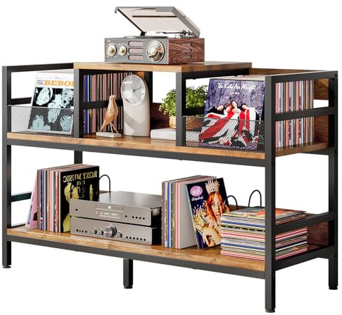 Forthcan Record Player Stand, Vinyl Record Player Storage Cabinet Up to 350 Albums, Turntable Stand Record Player Table with 4 Dividers, Record Holder for Living Room Bedroom (Vintage Brown)