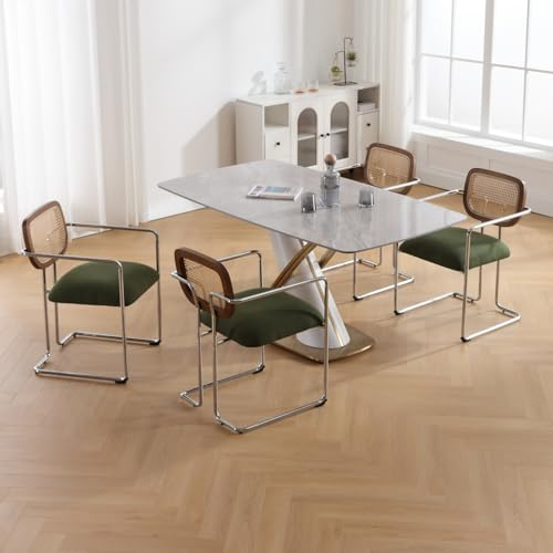 DAYALANE Esszimmerstühle Retro 4er Set, mit Rattan Rückenlehne, Grün | Küchenstühle mit Metallgestell, Stühle Esszimmer Polsterstuhl Rattan Essstühle für Esszimmer & Wohnzimmer