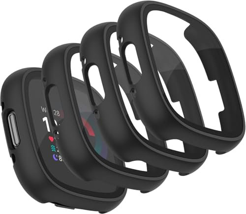 Mugust【4 Stück】 Schutzfolie für Fitbit Versa 4 Schutzhülle, Hard PC Cover Vollschutz Display Schutz Hülle für Fitbit Sense 2 Schutz Case (Schwarz*4)