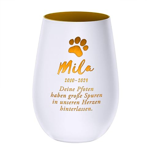 Casa Vivente Trauer Windlicht in Weißgold für Katze, Personalisiert mit Namen und Lebensdaten, Pfotenmotiv, Gedenklicht, Tiergrab 10 x 8 cm