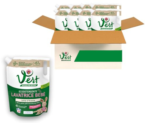 Vert - Ecodetergente Lavatrice Bebè - Fragranza Latte d'Avena, 100% Origine Naturale, Superefficace anche sulle Macchie del Bebé, Ipoallergenico, per Pelli Sensibili - 8 Flaconi da 1200 ml, 30 Lavaggi