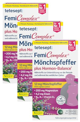 tetesept Femi Complex Mönchspfeffer - 3 × 60 Tabletten - Nahrungsergänzungsmittel zur Unterstützung der weiblichen Hormon Balance - Vegan