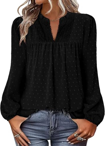 CHICZONE Women's V Neck Blouses Long Sleeve Tunic Tops Loose Fit Fall T-Shirt Cute Swiss Dot Fall Tops B Black