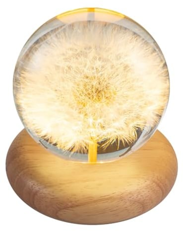 MiOYOOW Kristallkugel-Nachtlicht in Blütenform, 3D-Gänseblümchen-Glaskugellampe mit Holzsockel, Pusteblumen-Lichtdekoration, Geburtstagsgeschenk für Freunde