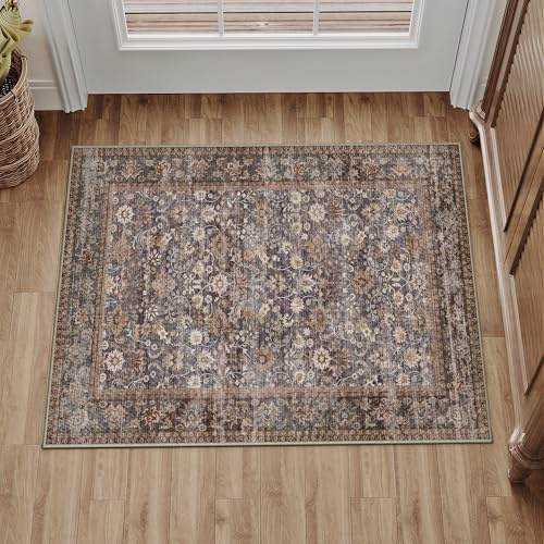 PureCozy Washable Doormat 60x90cm Small Vintage Area Rug,brown&Blue | Door Mat, Soft Low Pile,Non Slip, Entrance,Entryway,Kitchen, Bathroom, Laundry Room