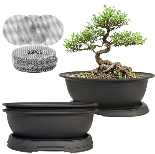 MUZHI 3 Pack Oval Bonsai Training Pot with Drainage Tray, Matte Finish Nursery Plastic Bonsai Planter with 25PCS 2inch Mesh pad (5.2 Small)