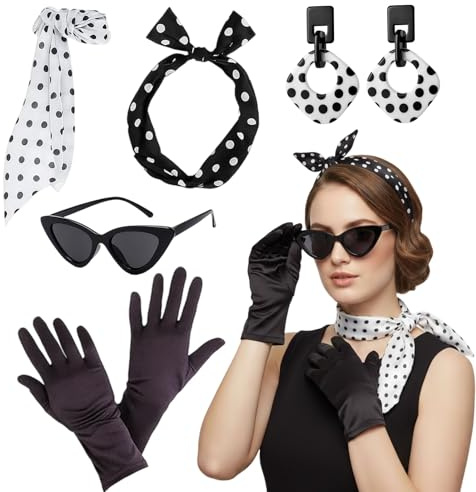 PDirat 5 Stück Rockabilly Accessoires, 50er Jahre Outfit Damen mit Schal, Stirnband, Katzen Auge Brille, Handschuhen und Ohrringen, Perfektes für Mottoparty, Karneval und Retro Events