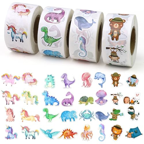 2000PCS Sticker Tiere für Mädchen Junge, Dino Einhorn Sticker Kinder | Waldtiere Meerestiere Aufkleber Kinder, 32 Muster Stickers für DIY Scrapbooking Fotoalbum, Belohnungssticker für Lehrerbedarf