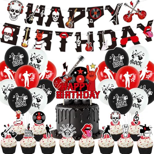 Drum Rockmusik Geburtstag Deko,Doyomtoy Luftballons Rock and Roll Happy Birthday Party Dekoration Cupcake Topper für Musik Geburtstag Party 32 Stück