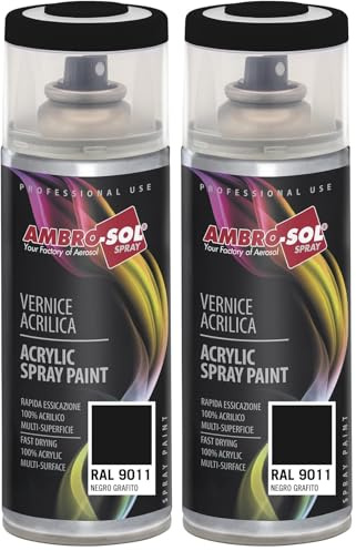 Ambro-Sol - Pintura acrílica en spray, color Negro Grafito, RAL 9011, exteriores e interiores, 400 ml, El embalaje puede variar (Paquete de 2)