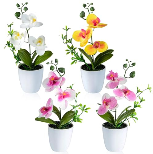 4 Orchideen künstlich 27cm Kunstblumen &-Pflanzen Phalaenopsis Kunstpflanze | Blumen im Topf, Kunstblumen wie echt, Weiß Rosa Blumen Dekoblume Kunstpflanze für Wohnzimmer Büro Dekoration