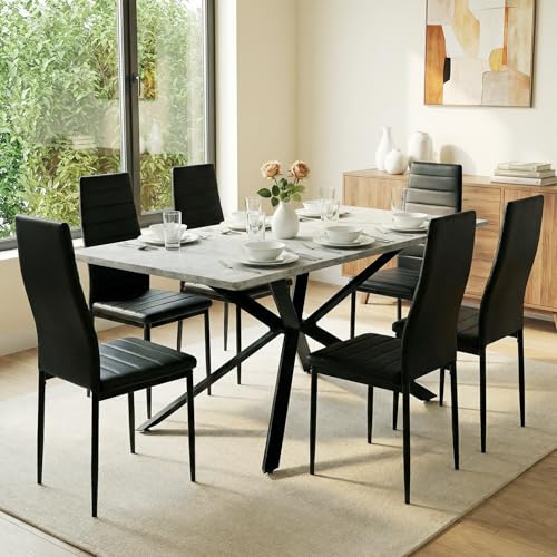 FURNITABLE Esstisch mit 6 Stühlen Esszimmergruppe, Rechteckiger Küchentisch Ausziehbar und 6 Kunstleder Esszimmerstühle für Küche Wohnzimmer,Büro,160 * 80 * 75.5cm(Tisch+6 Schwarz Stühle)