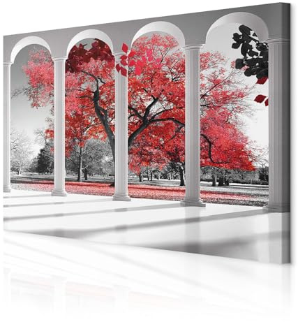 decomonkey Quadri Moderni Soggiorno Finestra Albero, 1 pezzo, 120x80 cm | Tela strutturata su telaio in legno, decorazione da parete, autunno, collona, natura, paesaggio, bianco, nero, rosso