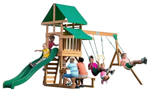 Backyard Discovery Belmont Swing Set | Outdoor Wooden Playhouse for Kids, Garden Playground for Children 2 Belt Swings, 8 ft. Slide, Rock Climbing Frame, 100% Cedar Wood | For 3+ Year Olds