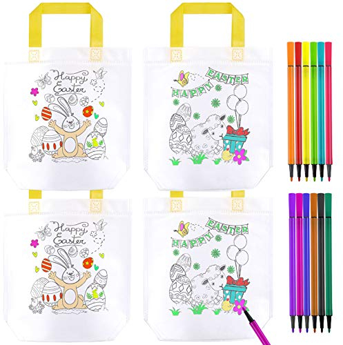 HOWAF 4 Ostertasche Zum Bemalen, Groß Geschenktüten Ostern Stoffbeutel zum Bemalen für Kinder, DIY Graffiti Non-Woven Geschenktasche Ostern Ostertüten mit 12 Farbe Stift für Osterdeko Ostergeschenke