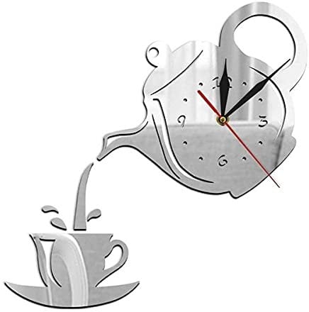 Frameless Large Wall Clock Creative Teapot Kettle Wall Clock 3D Acrylic Coffee Tea Cup Wall Clocks For Office Home Kitchen Dining Living Room Decorations 225 (Color : Silver)