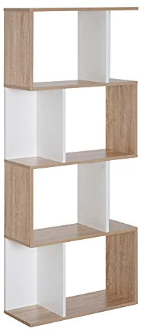 HOMCOM Bücherregal S-förmiges Standregal Lagerregal 4-stufige Vitrine mit Hardware-Schnalle moderner Raumteiler Spanplatte Naturholz+Weiß 60 x 24 x 148 cm