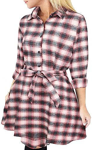 FANCYINN Robe Chemise Femme Manche Longue Robe à Carreaux Casual Hiver Tunique Blouse Mini Robe Vert & Rose S