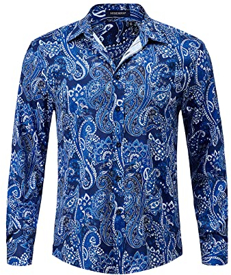 HISDERN Hemd Herren Langarm Muster, Hemden Paisley Freizeithemden Langarm Regular Fit Button Down Funky Shirt Für Party Festival Urlaub,Blau,XL