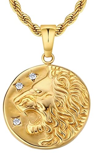 KRKC&CO Löwe Kette Herren Münze Sternzeichen Anhänger Goldkette, 2,5mm 55,9cm Kordelkette Kettenanhänger Gold, 18K vergoldet Edelstahl Halskette, Geburtstag Geschenk für Männer Jungen Freund