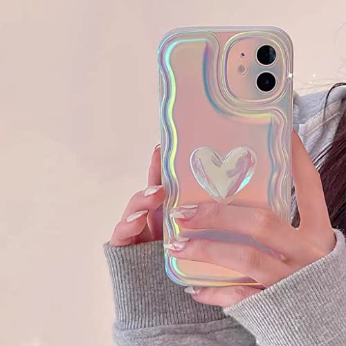 JiuWang Handyhülle für iPhone 13, Rosa Laser mit Farbwechsel-Effekt, 3D-Herz & Wellenrand, Stoßfestes IMD PC Material, Süßes Design für Frauen