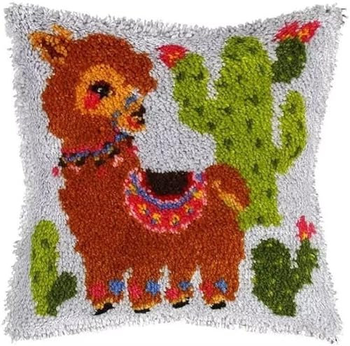 ROCKY&CHAO Knüpfteppich Zum Selber Knüpf-Sets mit Kissen knüpfen-Set 43x43cm Kissenbezug-Set für Erwachsene und Kinder Latch Hook Kit Heimaccessoire(Alpaka)