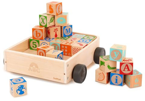 Battat ABC Holzklötze im Wagen – 26 Groß- und Kleinbuchstaben des Alphabets und 4 Zahlenblöcke (30 Teile) Holzspielzeug – Stapel- und Lernspielzeug für Kinder ab 10 Monaten