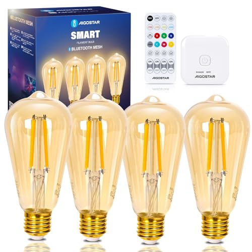 Aigostar Mesh - Smarte Glühbirne Alexa E27 Bluetooth Mesh ST64, Lampe Vintage Edison Lampe 6W 806LM 2700K-6500K Dimmbar Glühbirne, Kompatibel mit Alexa, 4 Stück(mit Fernbedienung und Gateway)