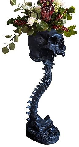Skull Planter & Spine Stand Set - Polyresin Skull Head Flower Pot | Indoor Plants & Flowers Serving Craft Ornament | Halloween Style Skeleton Home Decor, Goth Spooky Decor