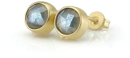 Labradorit-Ohrstecker mit Gemischtem Blitz - Gold Gefüllt Lünette Gesetzt - Zierlich 6mm Edelsteinschmuck - Braut 18k Vermeil Post Ohrringe - Elegante Gold-Ohrring Kollektion