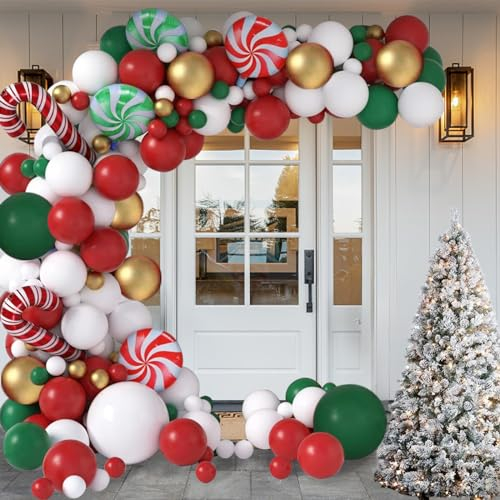 HTCAIZI 107PCS Weihnachten Ballonbogen Girlande Kit enthalten Gold grün rot weiß Latex Ballons Gold Pailletten Zuckerstange Folienballons für Mädchen Jungen Kinder Geburtstag Party Dekoration
