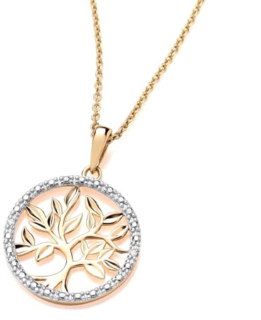 Old English Jewellers 9ct Yellow Gold Natural Diamond Tree of Life Pendant Necklace + 18 inch Chain