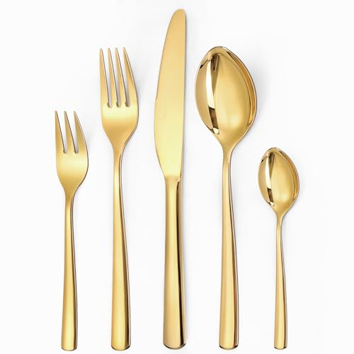 LAZAHOME Besteck set 12 personen,goldenes besteck,60 teilig Edelstahl Besteckset,Essbesteck Set mit Messer Gabel Löffel,Spiegelpolieren,Hochwertiges Edelstahlbesteck, Spülmaschinenfest