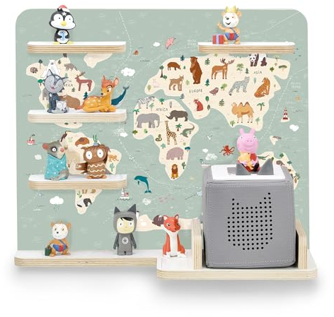 stadtecken Holzregal für Musikbox I Geeignet für die Toniebox und ca. 35 Tonies I Perfekte Tonie Aufbewahrung im Kinderzimmer I Zum Aufstellen oder Aufhängen I Atlas, mit schmalen Boden