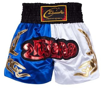 Linjinx Enfant Garçon MMA Shorts pour d'Entraînement Muay Thai Short de Boxe Pantalon Court Shorts Arts Martiaux Short Gymnastique Fitness Musculation 5-16 Ans Bleu Blanc 5-6 Ans