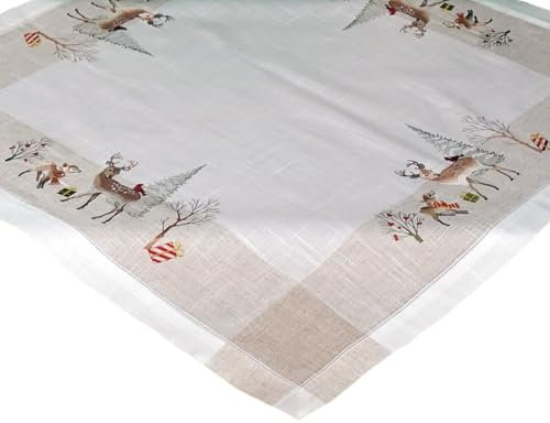 matches21 HOME & HOBBY Tischdecke Elly 85 x 85 cm mit Stickerei Rehe & Winterlandschaft Weihnachten Landhaus Polyester