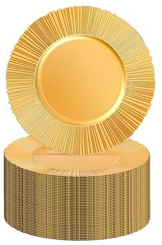 Charger Plates Bulk 13 Inch/Charger Plate with Napkin Ring 13 in Round Matte Reef Plate Charger Ruffled Rim Dinner Charger Hollow out Flower Napkin Holde (100pcs, Gold)