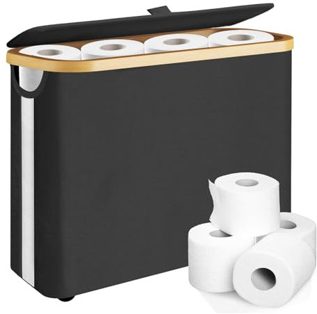 28L Cestino per Carta Igienica con Coperchio, Stretto Porta Carta Igienica per 9-12 Rotoli, Cestino Portaoggetti di Bambù, Porta Rotolo Carta da Terra (Nero)