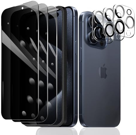 3 Stück Sichtschutz Schutzfolie für iPhone 15 Pro Max [6,7 Zoll]+ 3 Stück Kameraschutz mit einfachem Befestigungswerkzeug, Anti-Spy Panzer Schutz Glas, Anti-Spionage Panzerfolie, gehärtetem Glas