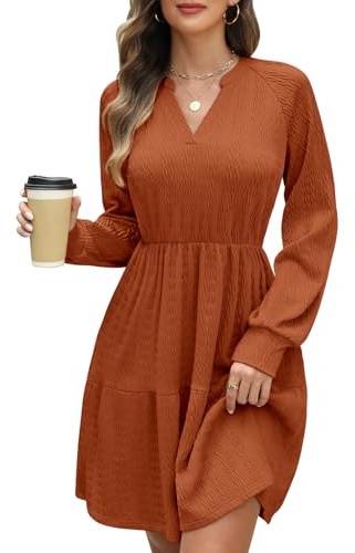 CMTOP Strickkleid Damen Herbst Elegant Kleider Langarm V-Ausschnitt Pulloverkleid Herbstkleid Gestrickt Freizeitkleider Elastische Hohe Taille Tunika A Linien Kleid mit Taschen