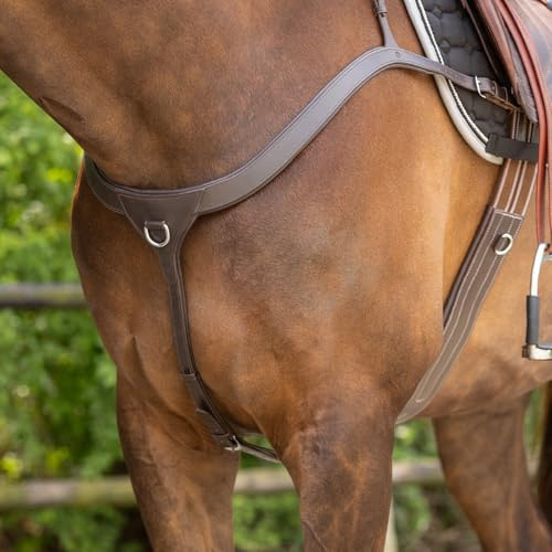 Leather Horse Breastplate with Safety Handle, Stainless Steel Hardware, Training Aid for Young Horses and Beginner Riders (Brown, Full)