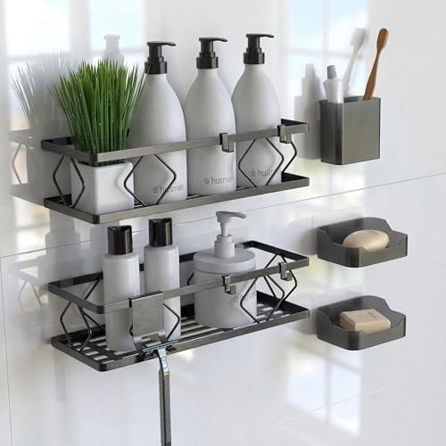 husman® Duschablage-Set ohne Bohren | Matt-Schwarz | 10-teilig mit Ablaufrillen | Kleben statt Bohren | Duschkorb Wandregal Duschregal Badregal Deko Badezimmer Organizer Regal für Bad & Küche
