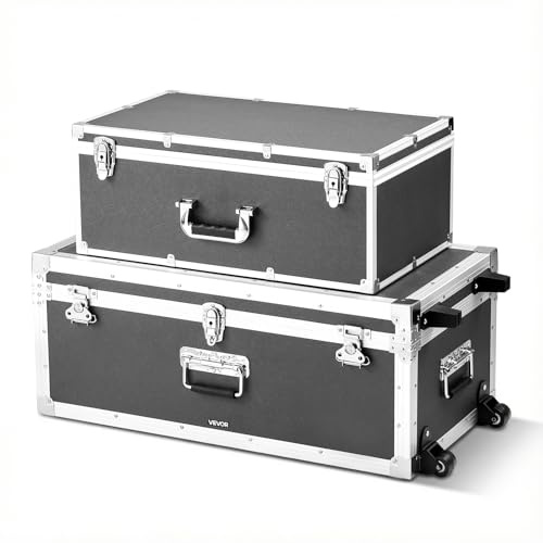 VEVOR Storage Trunk, Set of 2, Wooden Suitcase Storage Boxes with Padlocks, Large Trunk Includes Casters and 3 Metal Handles, Decorative Store Chest with Lids for Travel, Apartment, Dorm, Gray