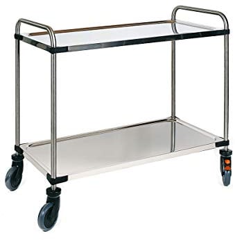 Servierwagen aus Edelstahl, mit 2 Etagen, LxBxH 870 x 570 x 950 mm, montiert.
