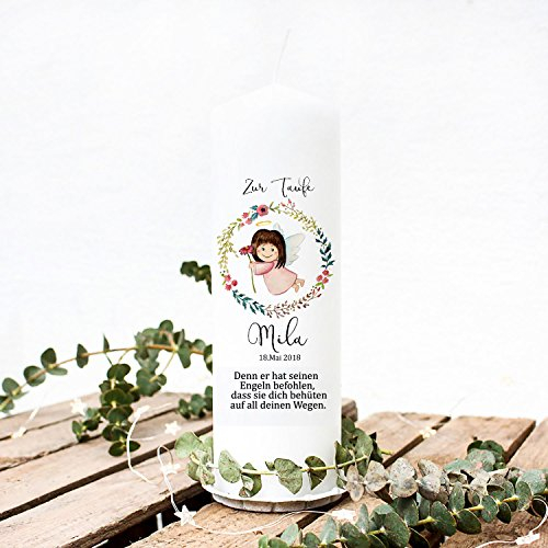 Taufkerze Kerze zur Taufe oder Geburt Kommunionkerze Engel Blumenkranz Spruch mit Wunschname & Datum wk37 ilka parey wandtattoo-welt®