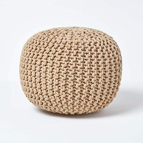 Homescapes Pouf Strickpouf rundes Bodenkissen, Sitzpouf 35 x 40 cm, gepolsterter Sitzhocker, Sitzpuff/Puff mit grob gestricktem Bezug aus 100% Baumwolle, Strickpuff, beige/cremeweiß
