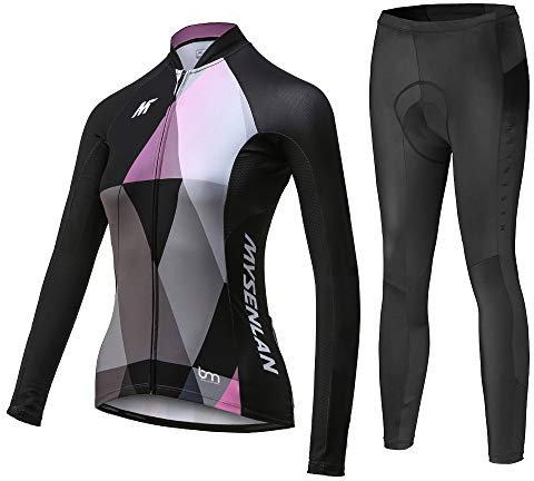 MYSENLAN Damen Radtrikot Fahrradbekleidung Set Fahrrad Trikot mit Elastische Atmungsaktive Schnell Trocknen Stoff Longarm+Radhose mit 3D Sitzpolster Radsport-Anzüge,Schwarz,S